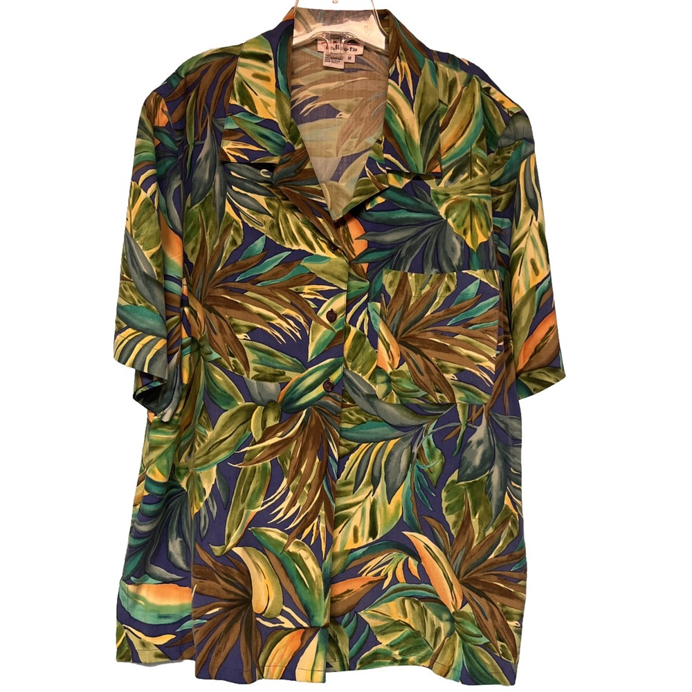 Talbots 100% Silk Short Sleeve Womens 12 Tropical Leaves Button Up Blouse Blue